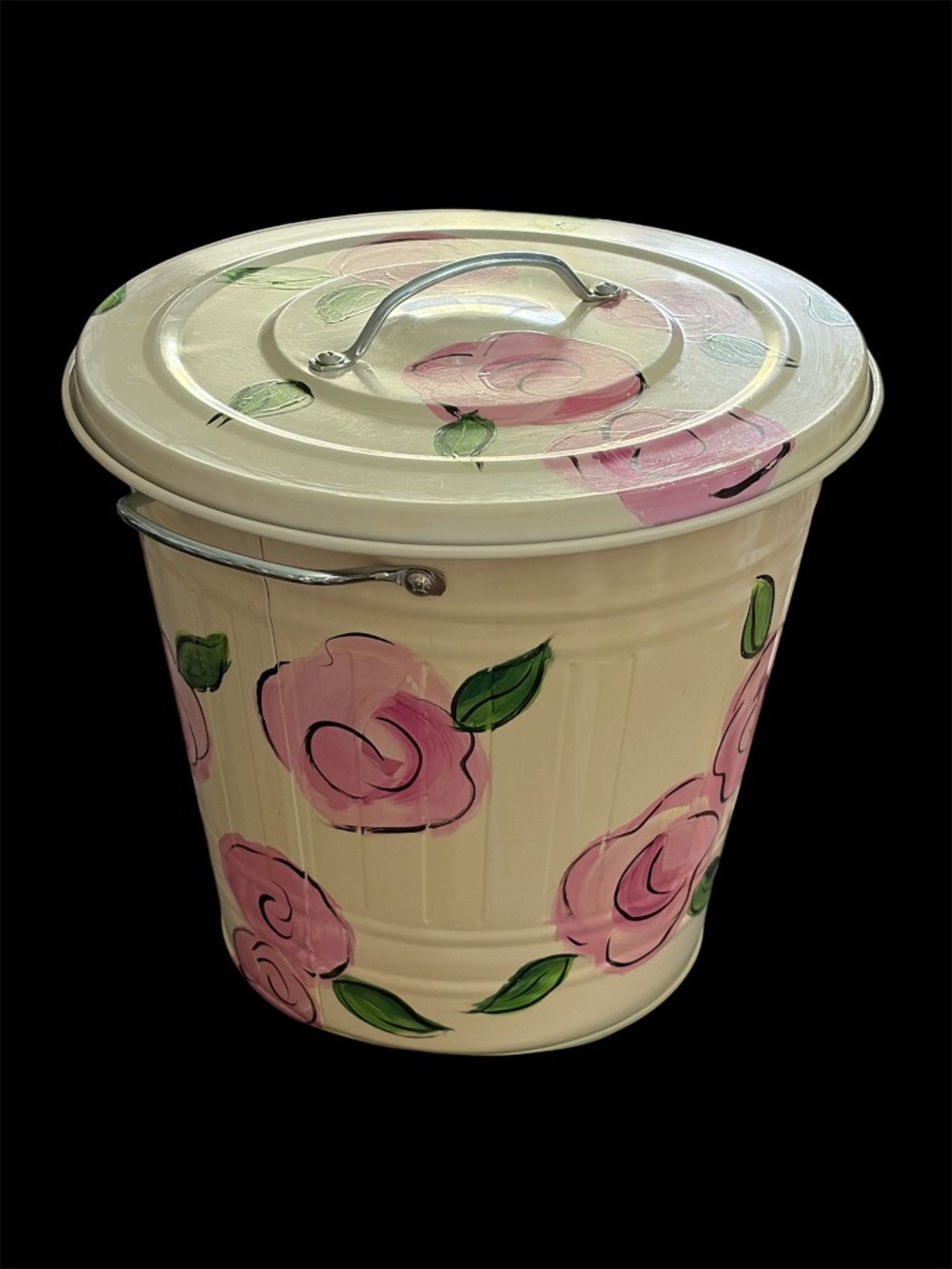 Hand Painted Roses/Peonies 4Gal. Metal Garbage/Trash Can with Lid 13" x 12"